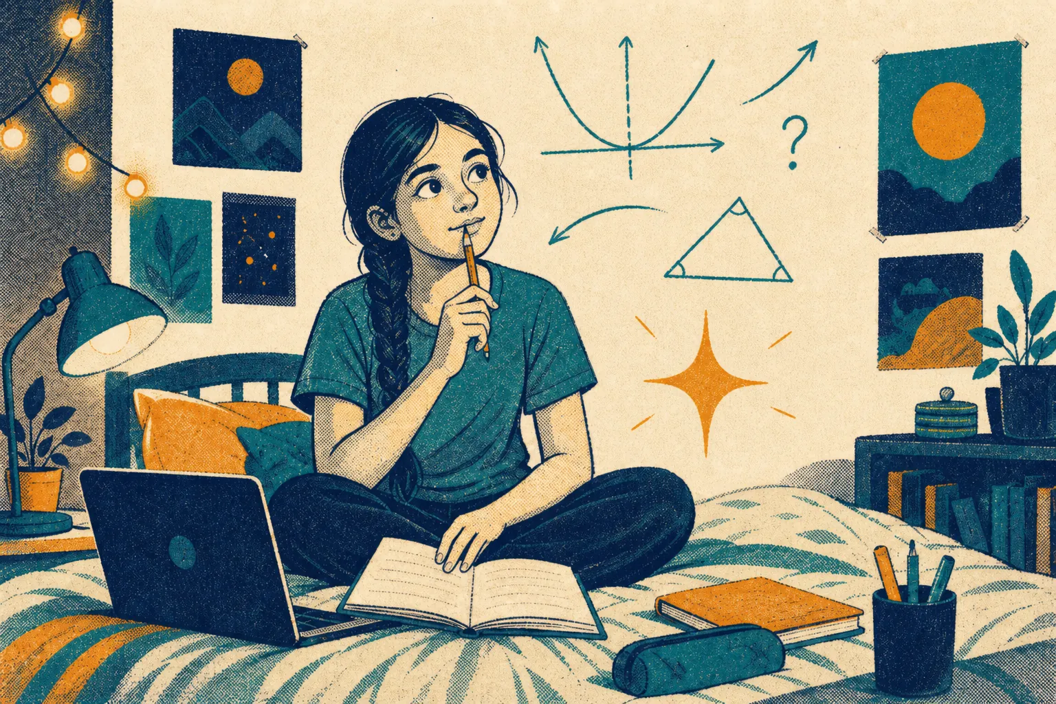 Meera sits cross-legged on her bed at night, pencil to her lips, with maths doodles floating on the wall.