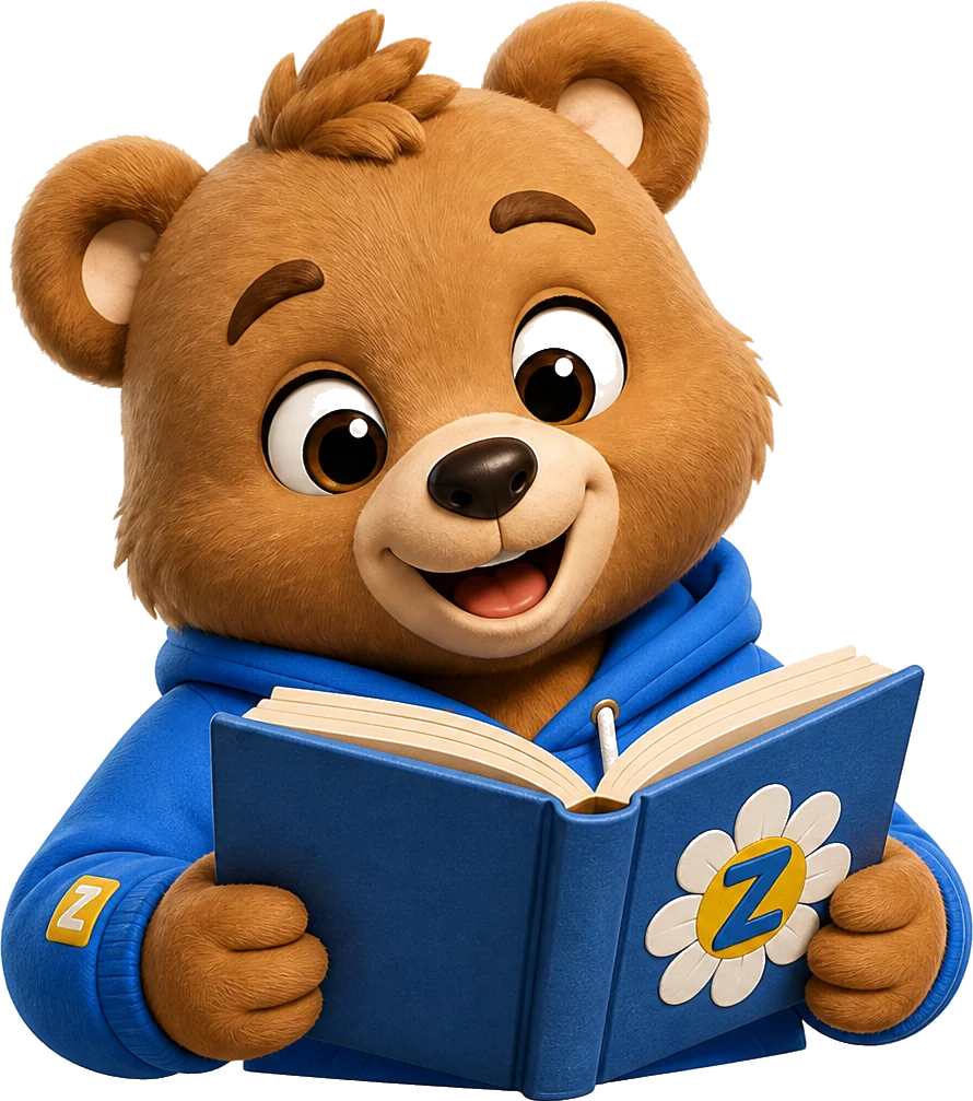 Blue Ziggy, a bear cub in a blue hoodie with a daisy badge, reading a book and smiling.