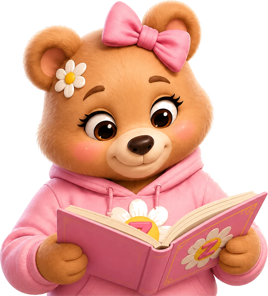 Pink Ziggy, a bear cub in a pink hoodie with a daisy badge, reading a book.